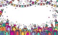 Festive background for birthday, children`s party with garlands, fireworks, gift boxes. Vector banner copy space.